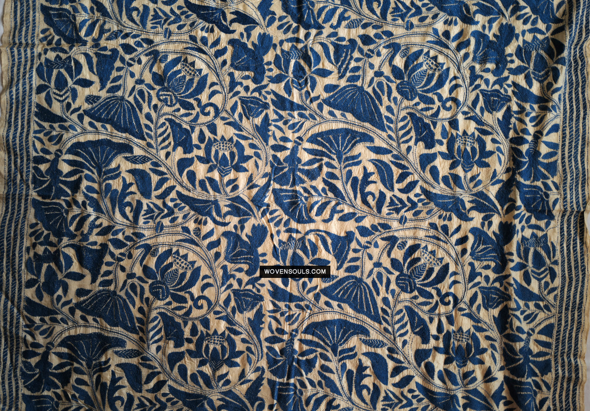 1728 Rare Revival Dhaka Kashida Kantha Silk Embroidery Shawl-WOVENSOULS Antique Textiles & Art Gallery