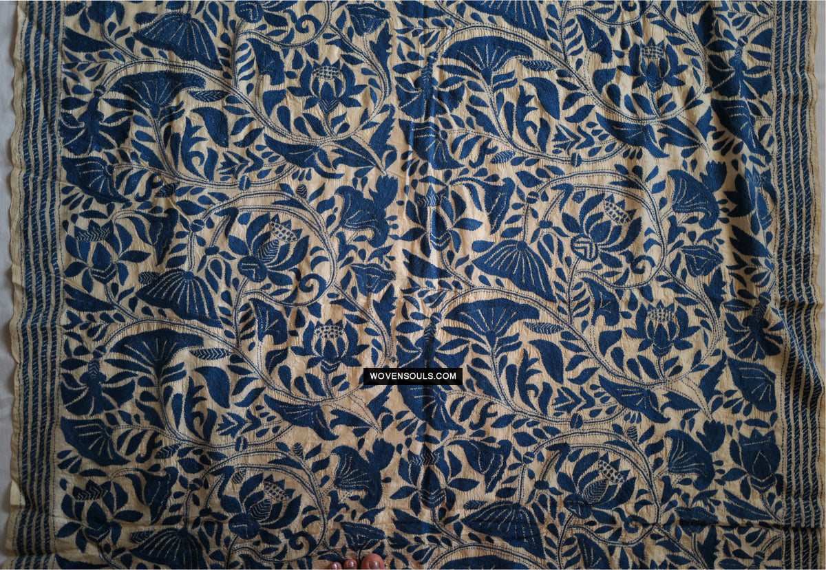 1728 Rare Revival Dhaka Kashida Kantha Silk Embroidery Shawl-WOVENSOULS Antique Textiles & Art Gallery