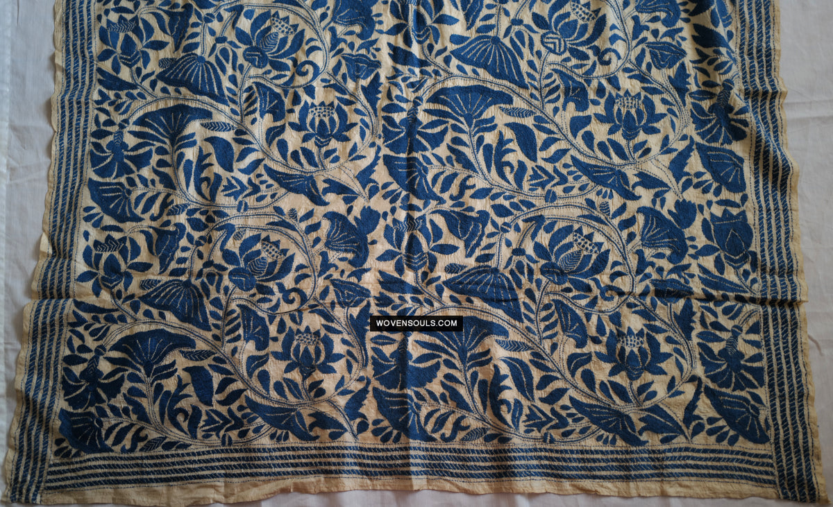 1728 Rare Revival Dhaka Kashida Kantha Silk Embroidery Shawl-WOVENSOULS Antique Textiles & Art Gallery