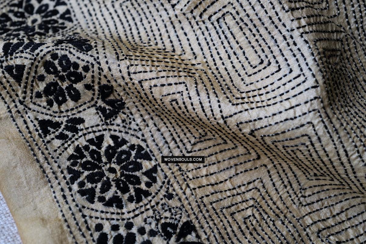 1729 Old Kantha Silk Embroidery Scarf-WOVENSOULS Antique Textiles & Art Gallery