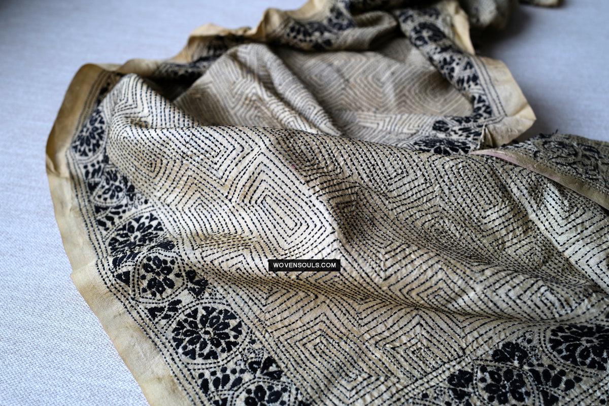 1729 Old Kantha Silk Embroidery Scarf-WOVENSOULS Antique Textiles & Art Gallery