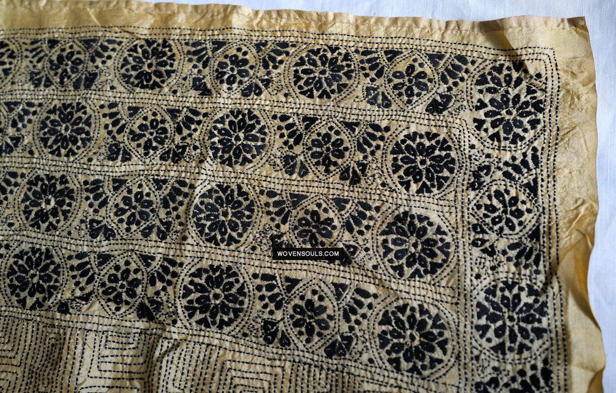 1729 Old Kantha Silk Embroidery Scarf-WOVENSOULS Antique Textiles & Art Gallery