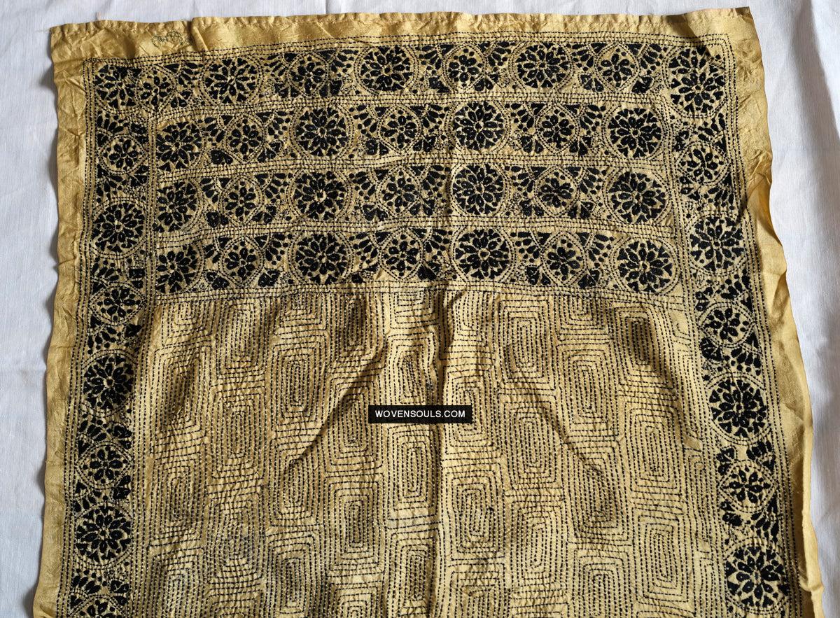 1729 Old Kantha Silk Embroidery Scarf-WOVENSOULS Antique Textiles & Art Gallery