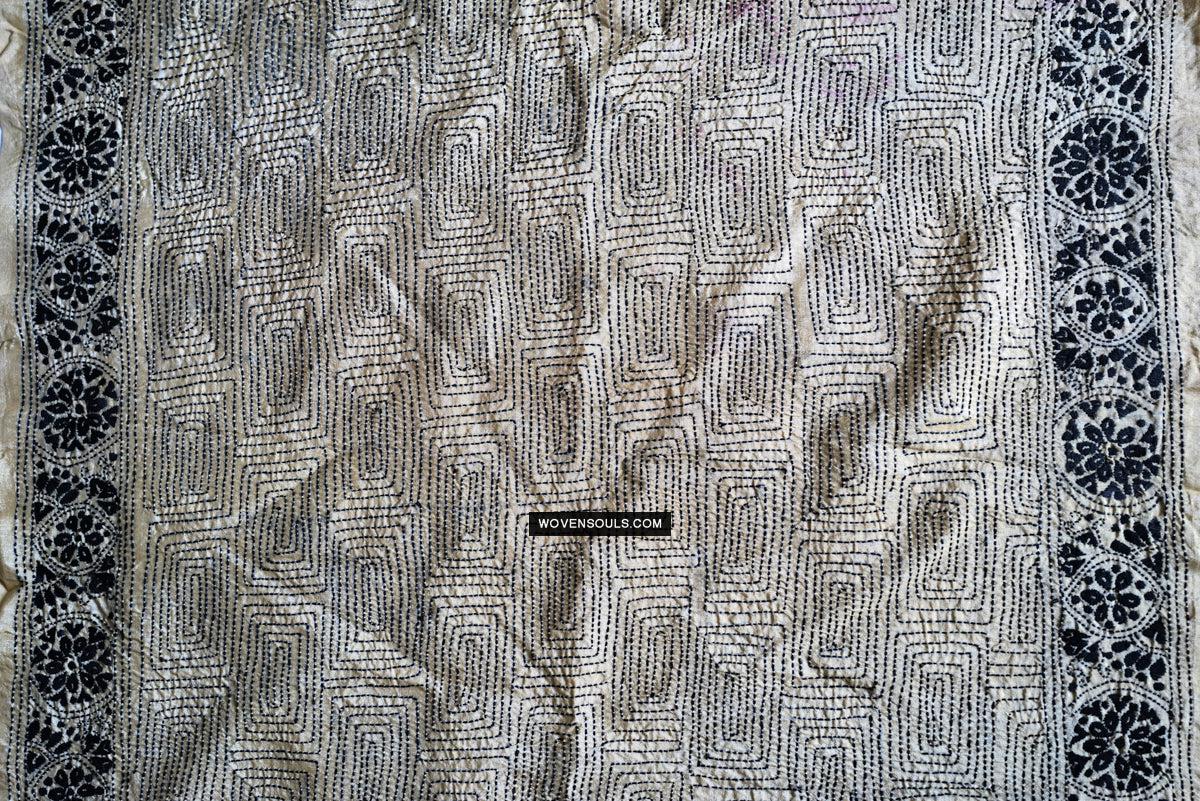 1729 Old Kantha Silk Embroidery Scarf-WOVENSOULS Antique Textiles & Art Gallery