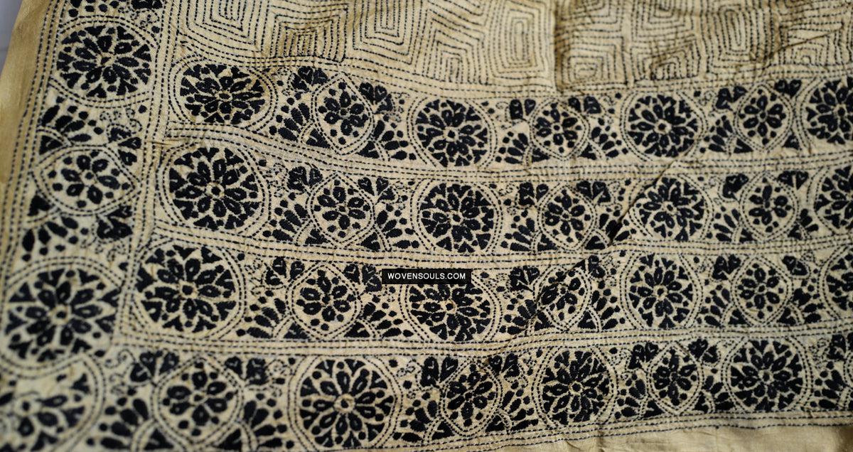 1729 Old Kantha Silk Embroidery Scarf-WOVENSOULS Antique Textiles & Art Gallery