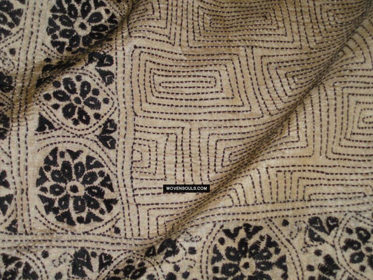 1729 Old Kantha Silk Embroidery Scarf-WOVENSOULS Antique Textiles & Art Gallery