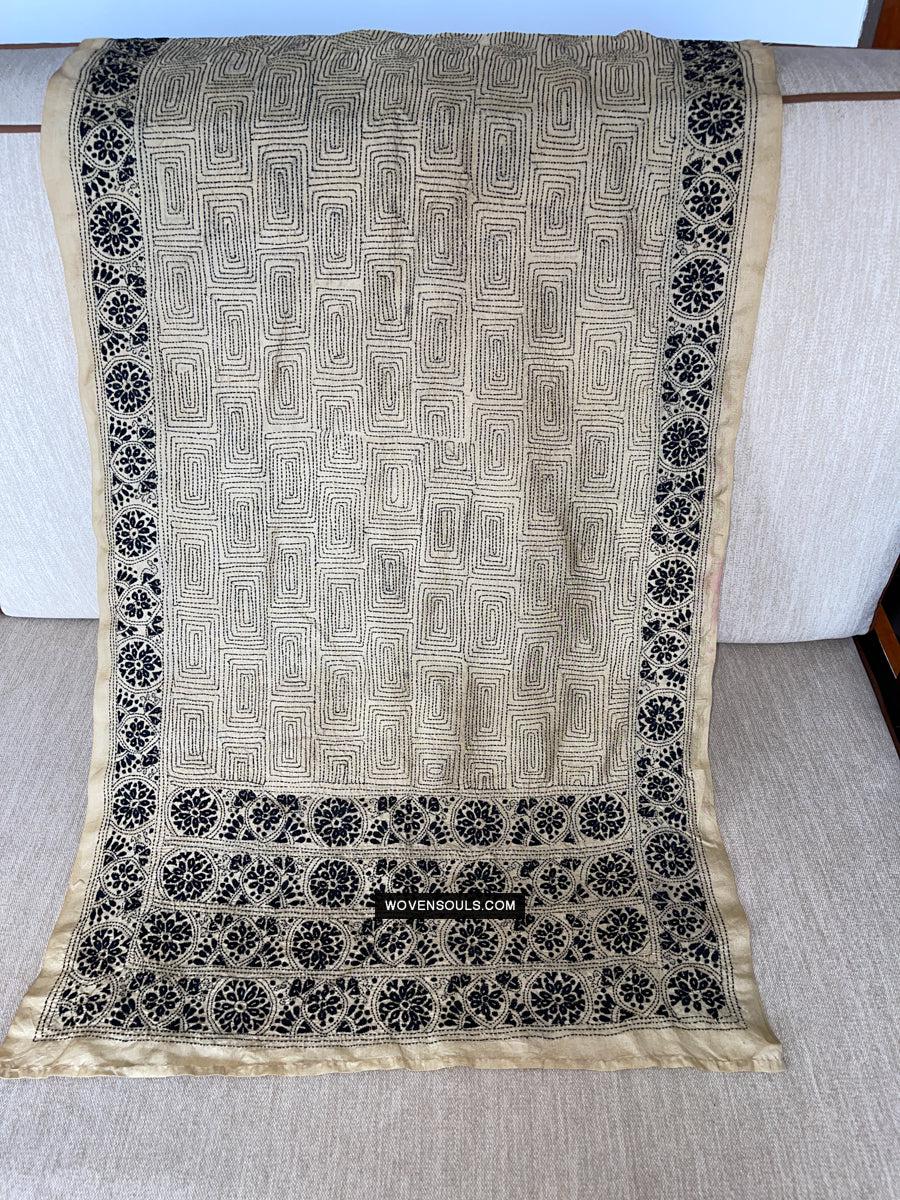 1729 Old Kantha Silk Embroidery Scarf-WOVENSOULS Antique Textiles & Art Gallery