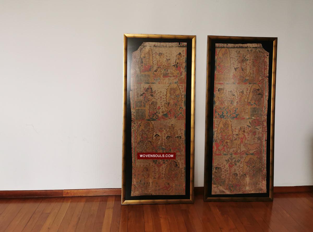 547 PAIR - Rare Fragments of Antique Palindon - Astrological Calendar Painting-WOVENSOULS Antique Textiles & Art Gallery