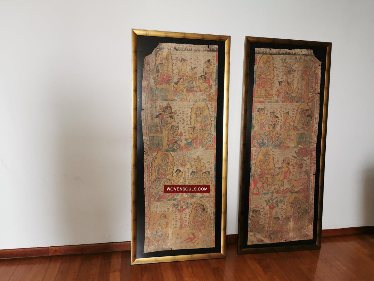 547 PAIR - Rare Fragments of Antique Palindon - Astrological Calendar Painting-WOVENSOULS Antique Textiles & Art Gallery