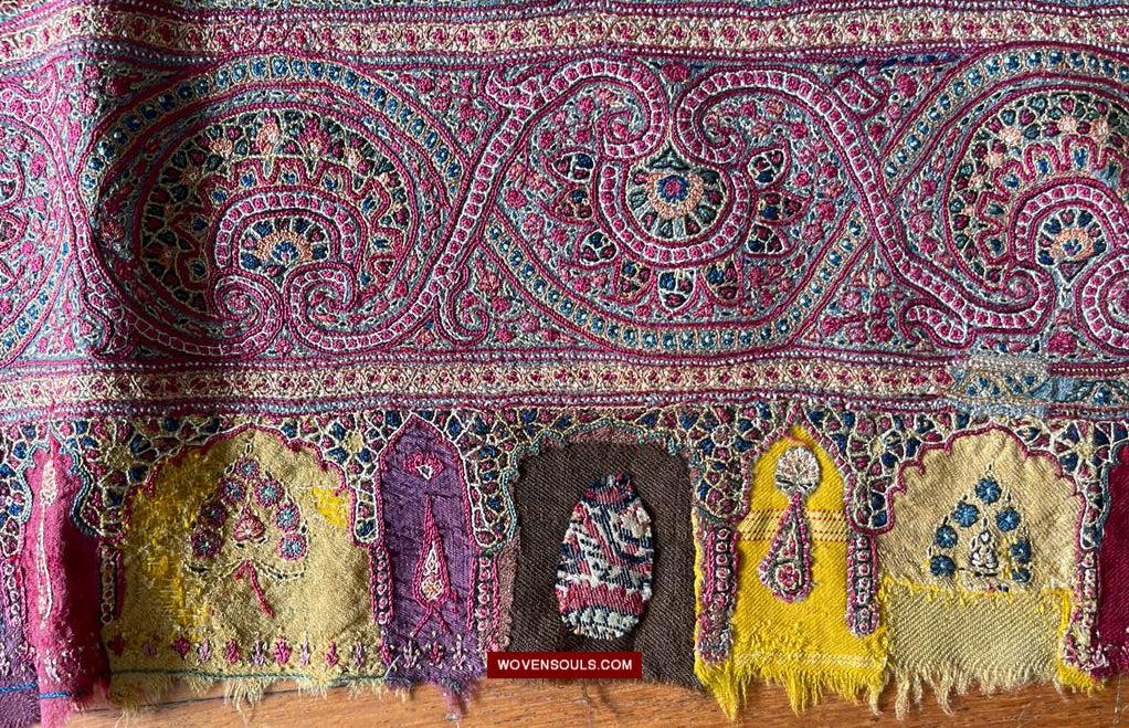 1608 Old Kashmir Silk Embroidered Amli Shawl Rumal-WOVENSOULS Antique Textiles & Art Gallery
