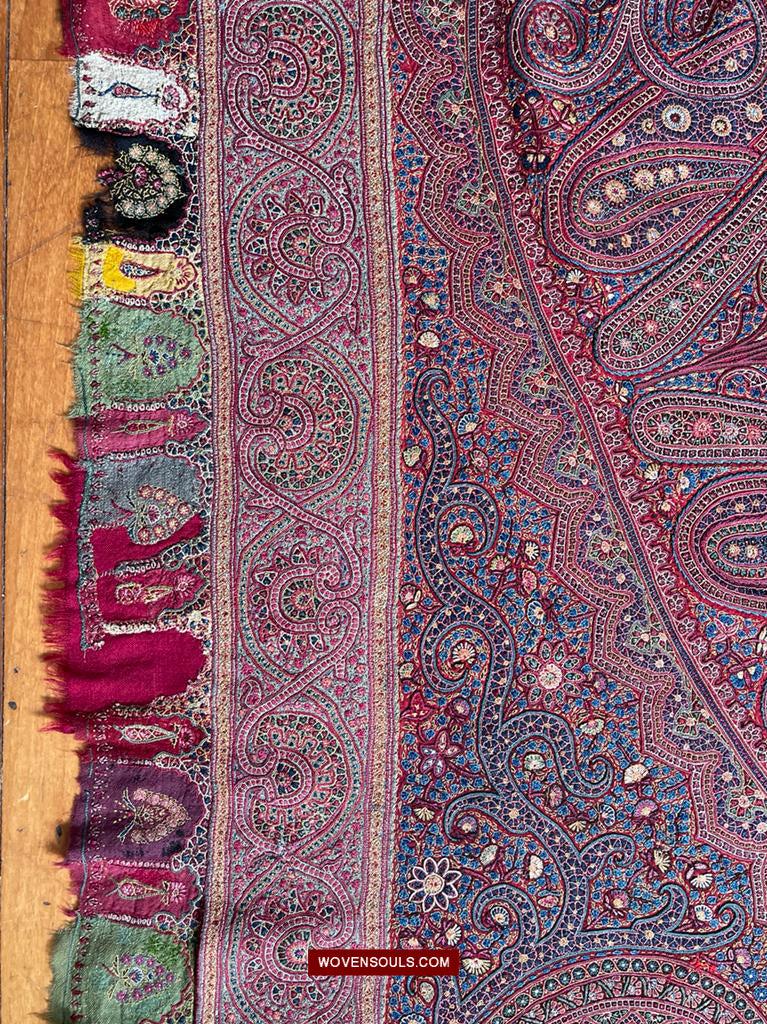 1608 Old Kashmir Silk Embroidered Amli Shawl Rumal-WOVENSOULS Antique Textiles & Art Gallery