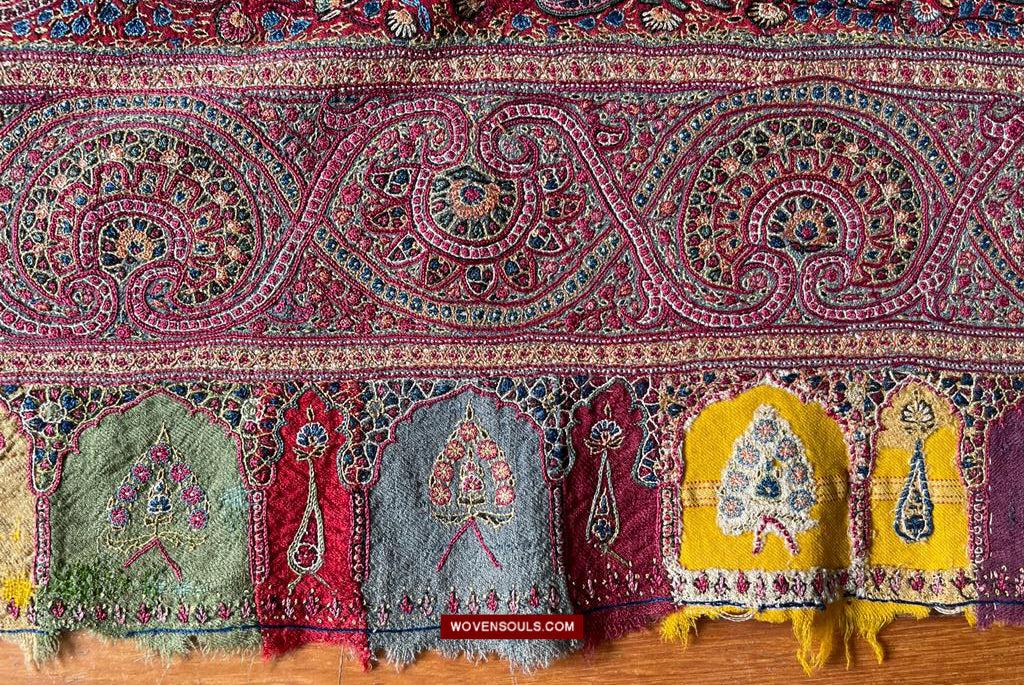 1608 Old Kashmir Silk Embroidered Amli Shawl Rumal-WOVENSOULS Antique Textiles & Art Gallery