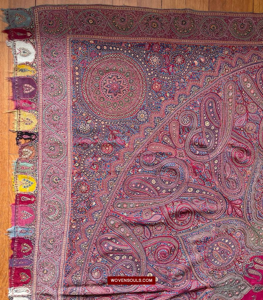 1608 Old Kashmir Silk Embroidered Amli Shawl Rumal-WOVENSOULS Antique Textiles & Art Gallery