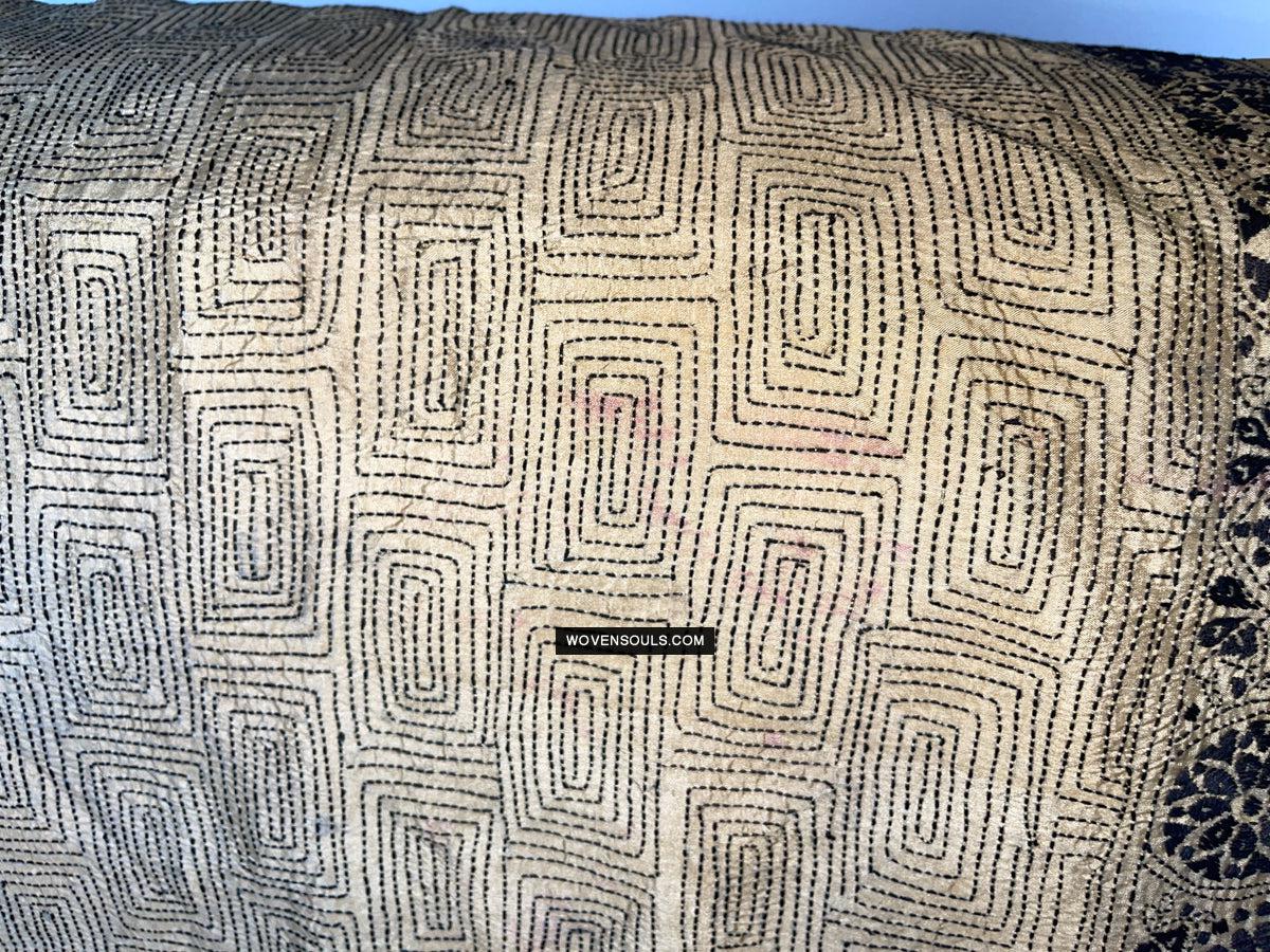 1729 Old Kantha Silk Embroidery Scarf-WOVENSOULS Antique Textiles & Art Gallery