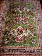 108 SOLD Green Qum Silk Rug Carpet superfine weaving - with Birds Gallery-2-WOVENSOULS-Antique-Vintage-Textiles-Art-Decor