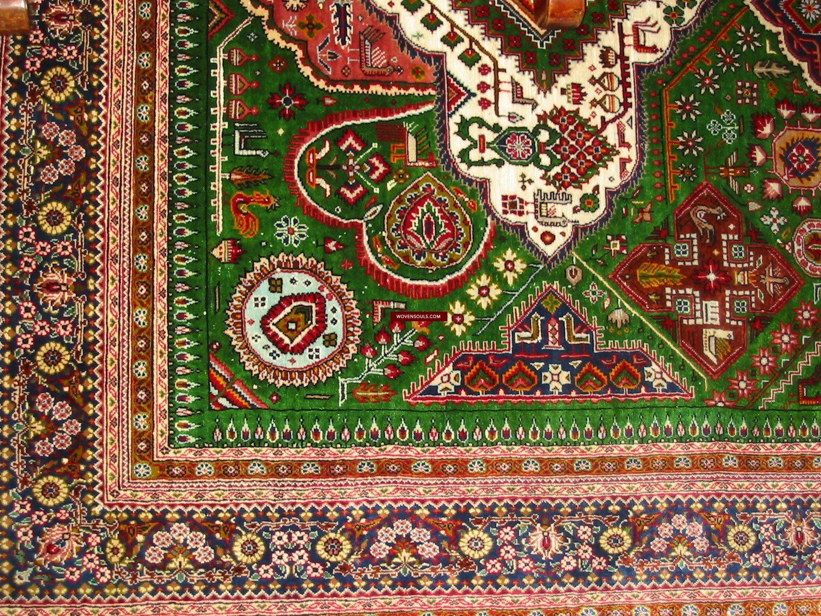 108 SOLD Green Qum Silk Rug Carpet superfine weaving - with Birds Gallery-2-WOVENSOULS-Antique-Vintage-Textiles-Art-Decor