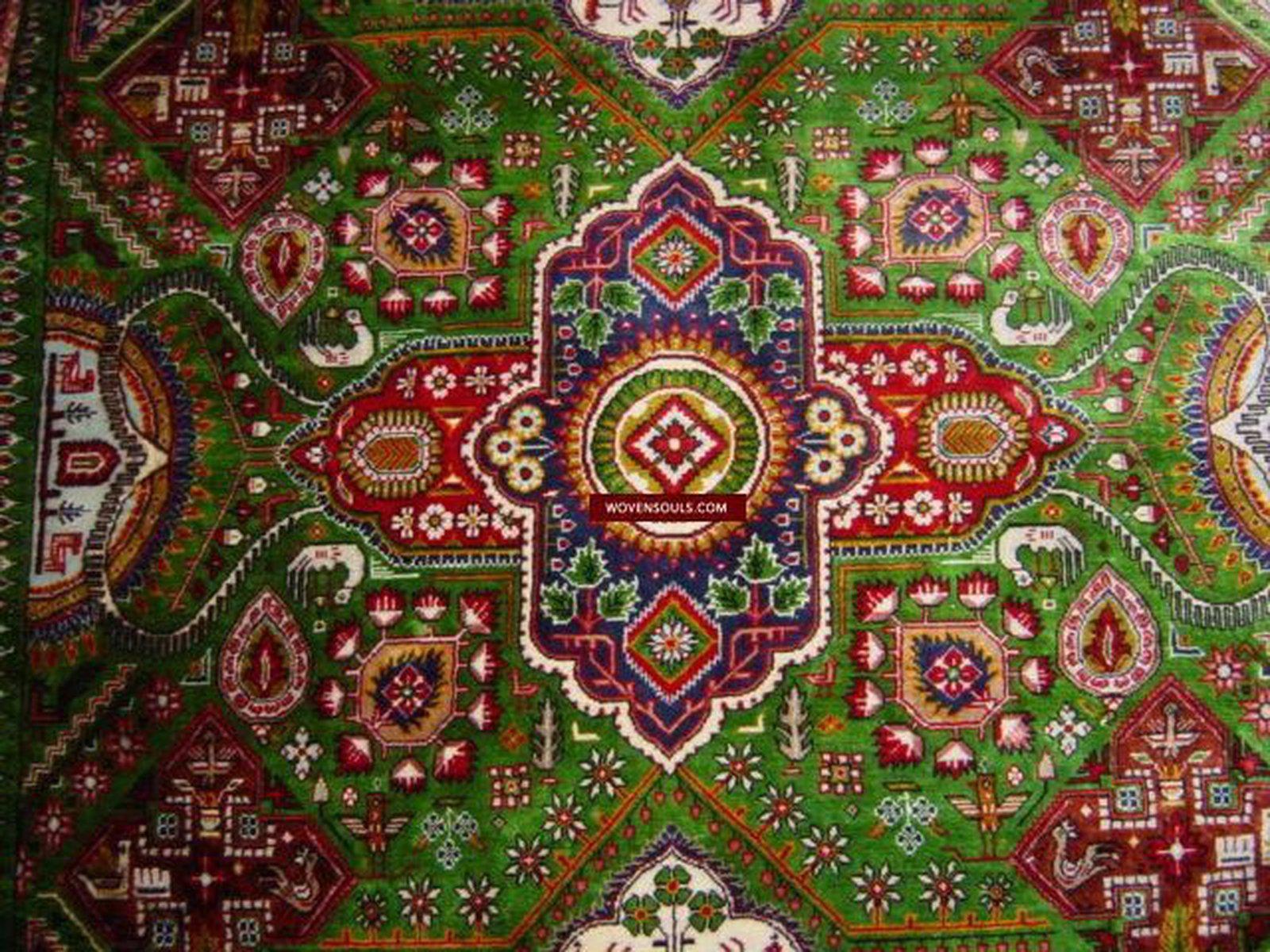 108 SOLD Green Qum Silk Rug Carpet superfine weaving - with Birds Gallery-2-WOVENSOULS-Antique-Vintage-Textiles-Art-Decor