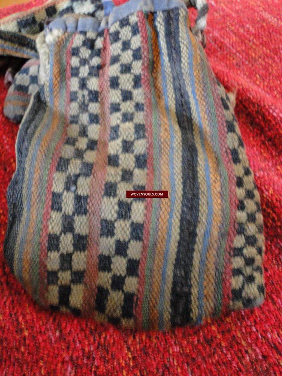 126 Antique Tibetan Nomadic Trifurcated Pouch with Unique Weave-WOVENSOULS-Antique-Vintage-Textiles-Art-Decor