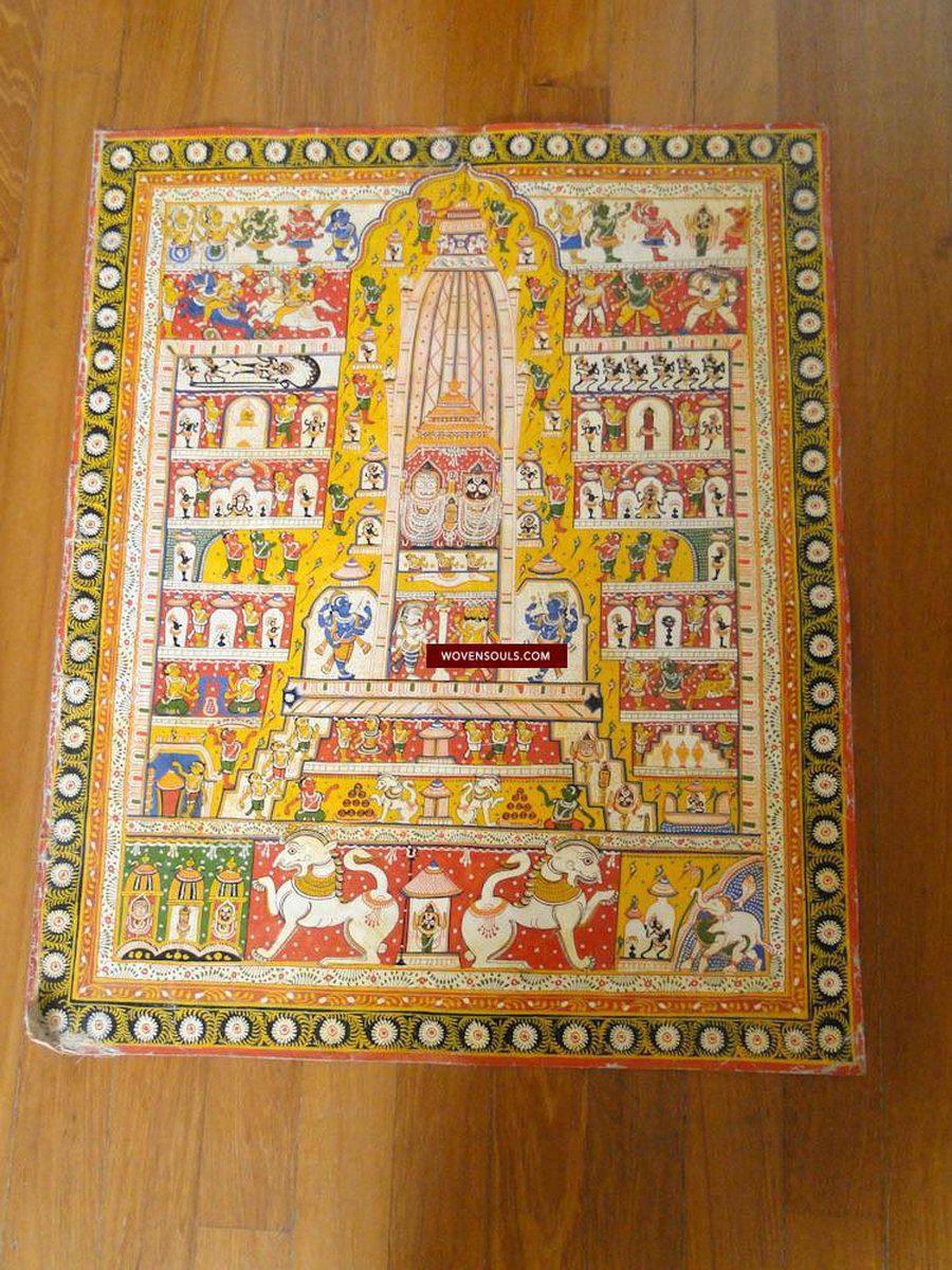 133 Large Old Jagannath Pattachitra Puri Pilgirm's Painting Jatripatti Orissa-WOVENSOULS-Antique-Vintage-Textiles-Art-Decor