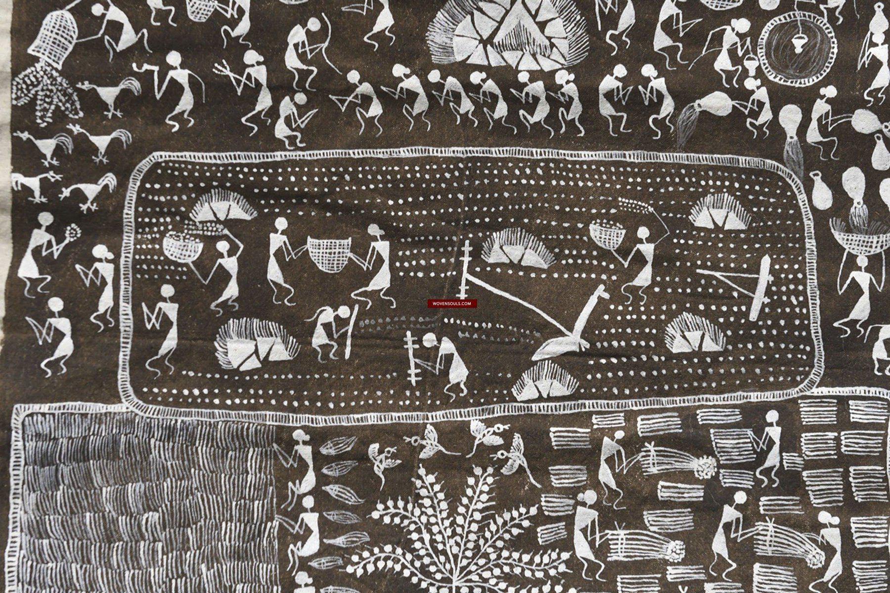 142 SOLD Warli Tribal Painting on Cow Dung Base-WOVENSOULS-Antique-Vintage-Textiles-Art-Decor