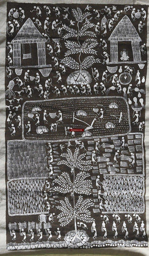 142 SOLD Warli Tribal Painting on Cow Dung Base-WOVENSOULS-Antique-Vintage-Textiles-Art-Decor