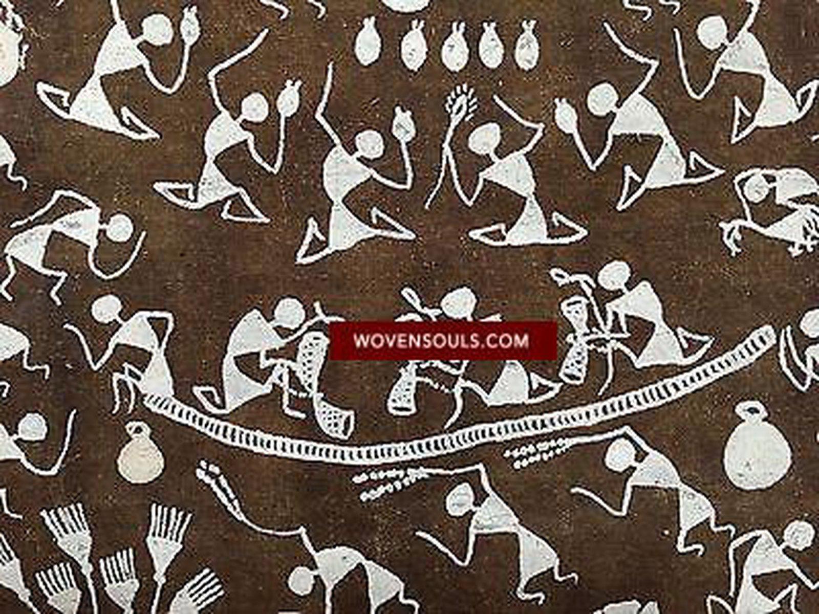 143 SOLD Rare Warli Painting on Cow Dung base-WOVENSOULS-Antique-Vintage-Textiles-Art-Decor