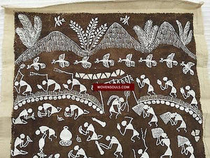 143 SOLD Rare Warli Painting on Cow Dung base-WOVENSOULS-Antique-Vintage-Textiles-Art-Decor