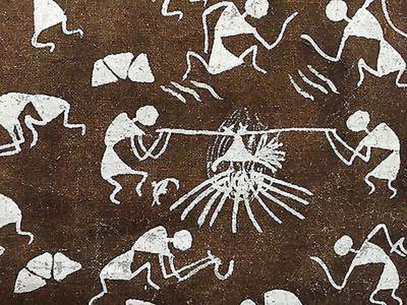 143 SOLD Rare Warli Painting on Cow Dung base-WOVENSOULS-Antique-Vintage-Textiles-Art-Decor