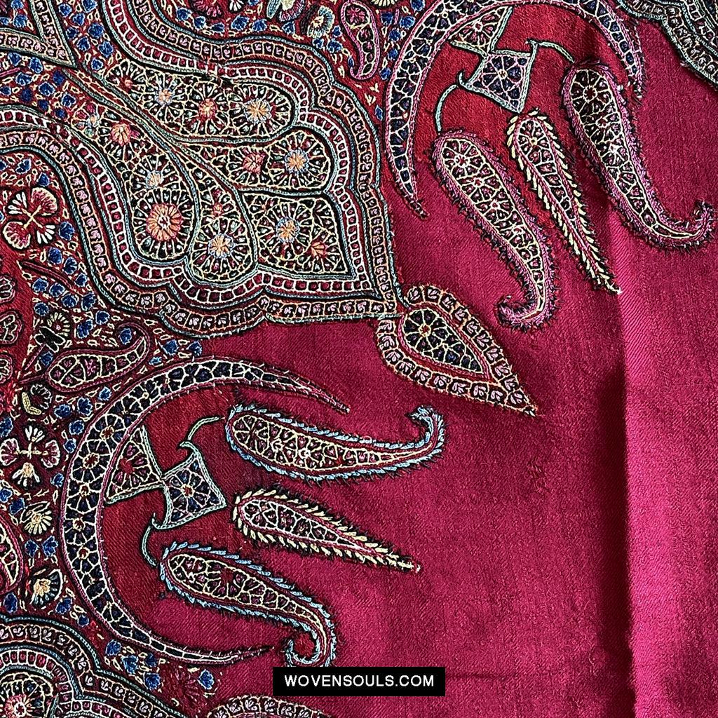 1608 Old Kashmir Silk Embroidered Amli Shawl Rumal-WOVENSOULS Antique Textiles &amp; Art Gallery