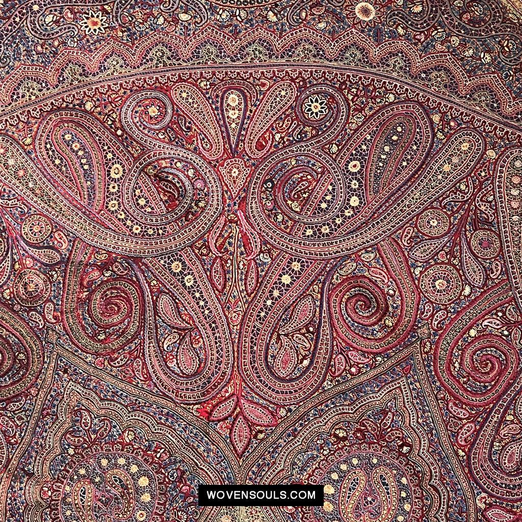 1608 Old Kashmir Silk Embroidered Amli Shawl Rumal-WOVENSOULS Antique Textiles &amp; Art Gallery