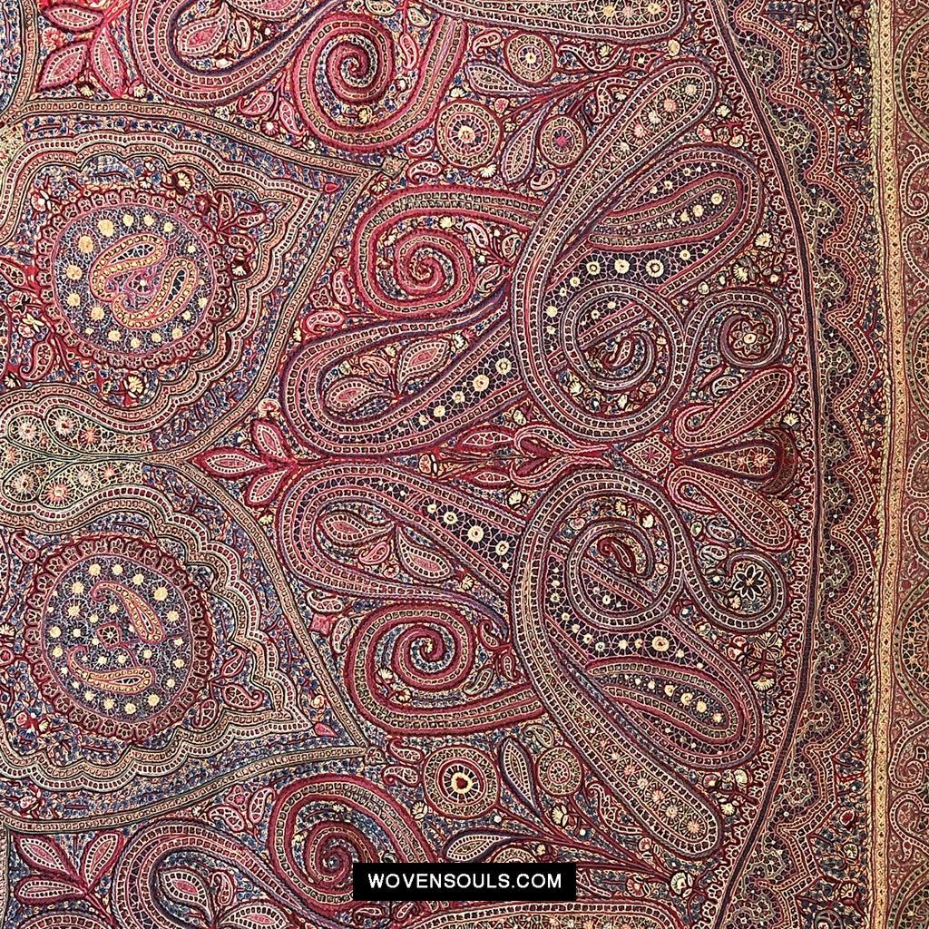 1608 Old Kashmir Silk Embroidered Amli Shawl Rumal-WOVENSOULS Antique Textiles &amp; Art Gallery