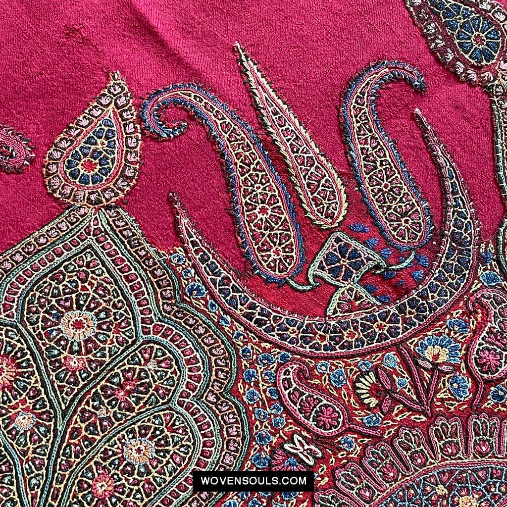 1608 Old Kashmir Silk Embroidered Amli Shawl Rumal-WOVENSOULS Antique Textiles &amp; Art Gallery