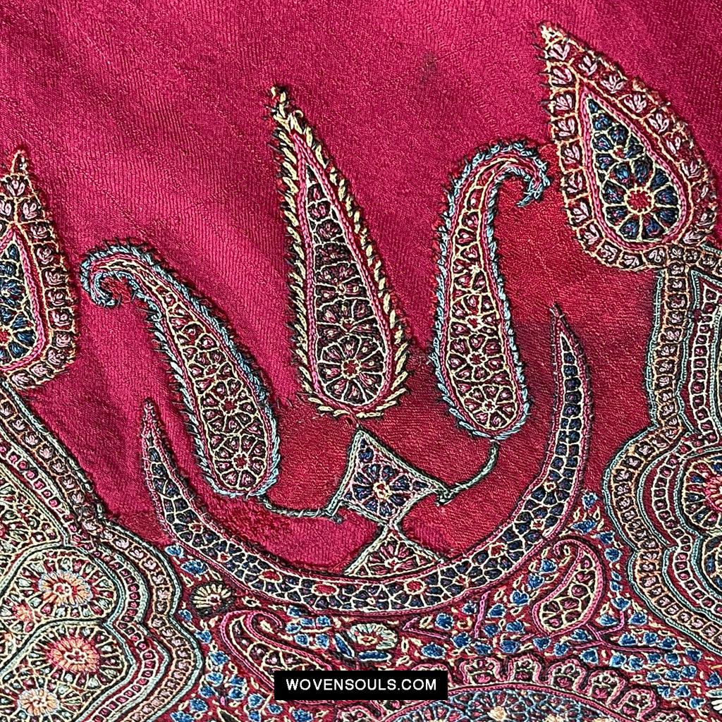 1608 Old Kashmir Silk Embroidered Amli Shawl Rumal-WOVENSOULS Antique Textiles &amp; Art Gallery