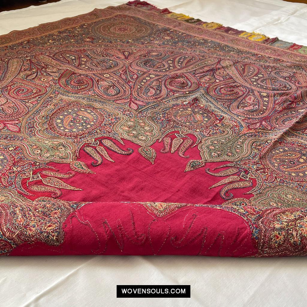 1608 Old Kashmir Silk Embroidered Amli Shawl Rumal-WOVENSOULS Antique Textiles &amp; Art Gallery