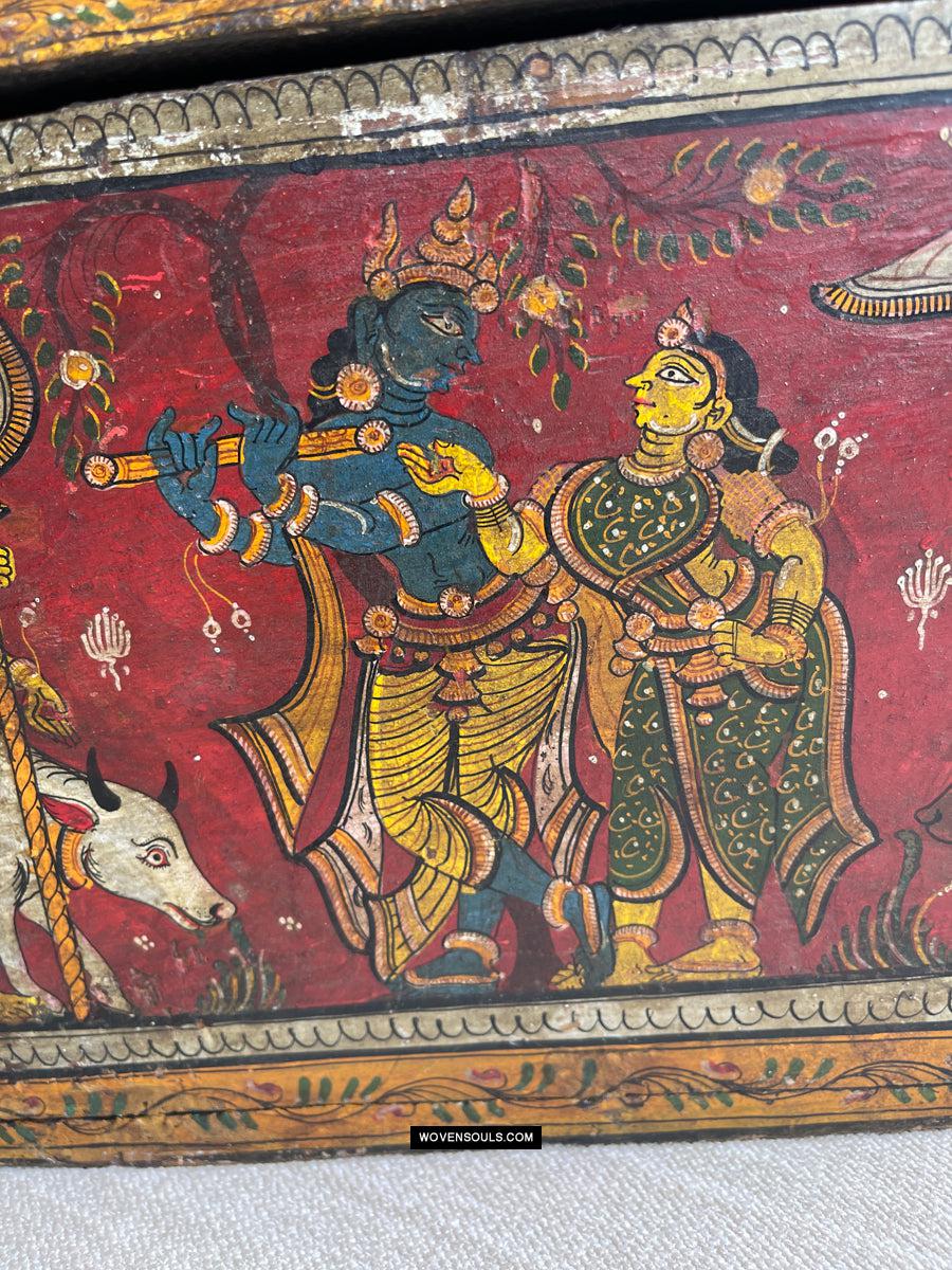 1760 Antique Pattachitra Krishna Paintings on a Wooden Chest - WOVENSOULS Antique Vintage Art Interior Decor