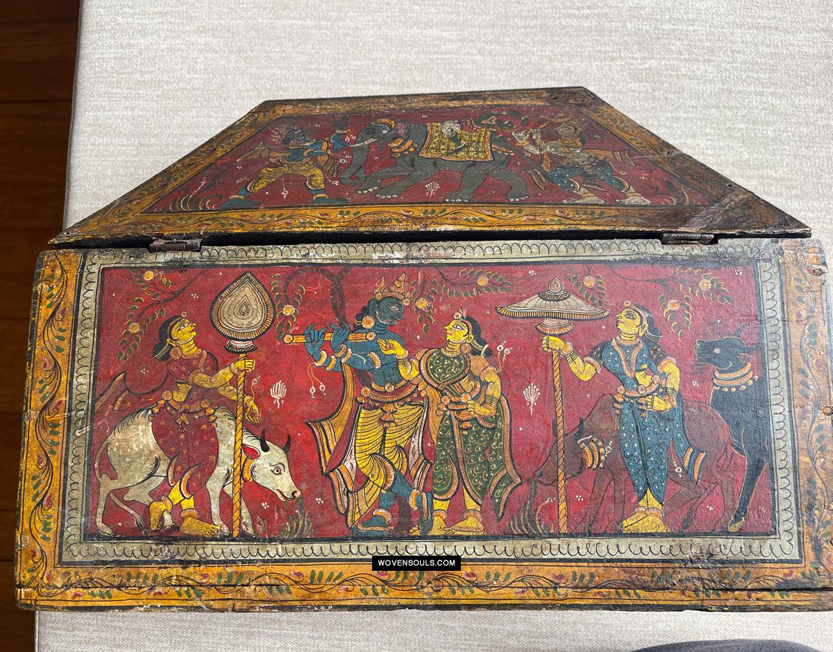 1760 Old Wood Chest w Krishna Paintings - Odisha-WOVENSOULS Antique Textiles &amp; Art Gallery