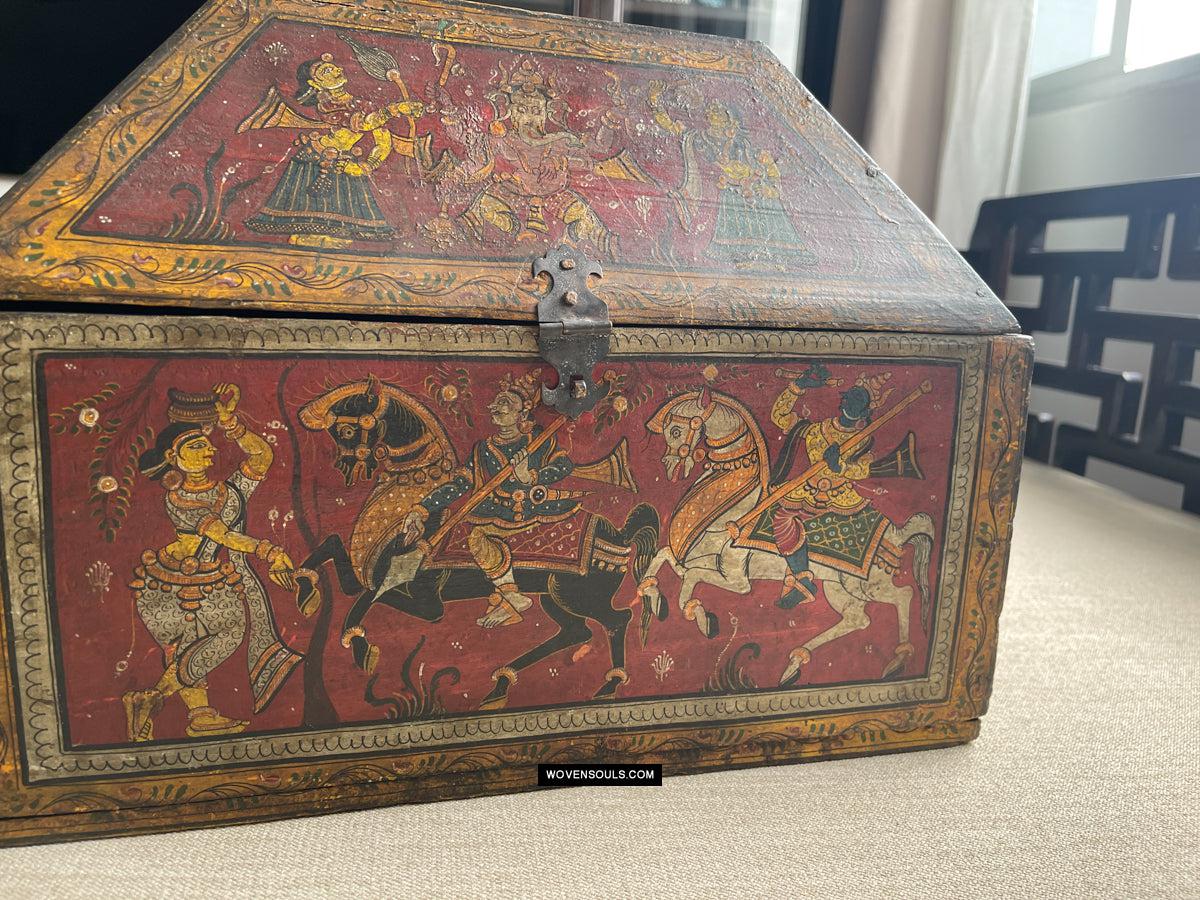 1760 Antique Pattachitra Krishna Paintings on a Wooden Chest - WOVENSOULS Antique Vintage Art Interior Decor