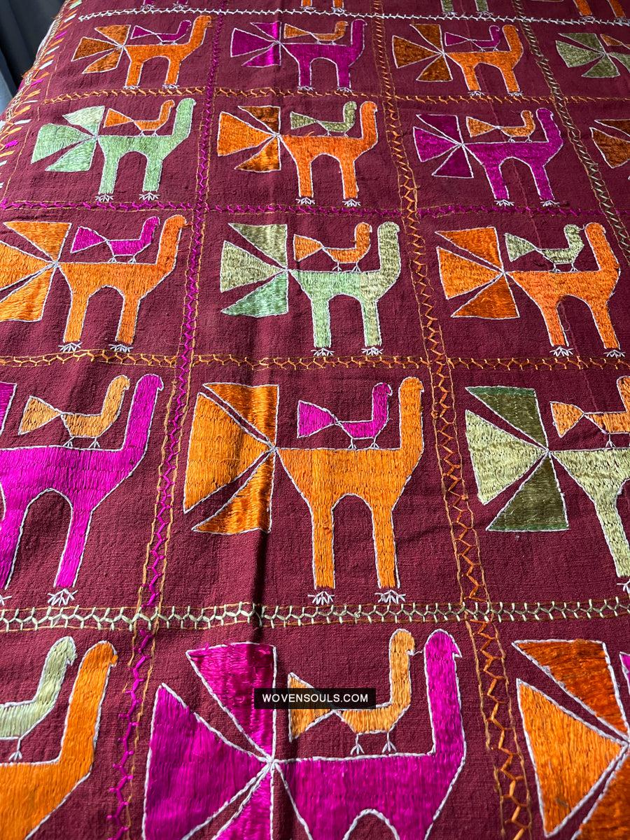 1797 Antique Rare  Phulkari with Bird motif - WOVENSOULS Antique Textiles & Art Gallery