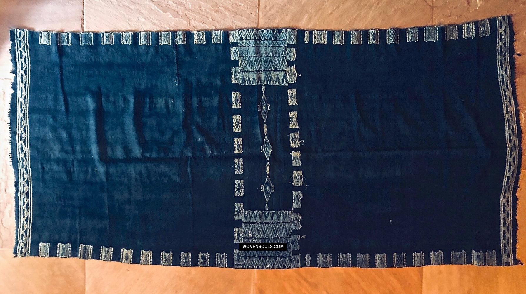 1854 Antique Indigo Bakhnoug Shawl - Tunisian Textile Art