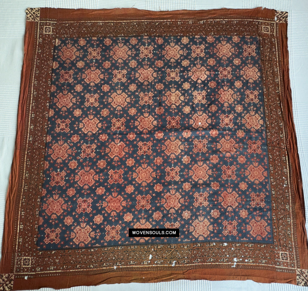 1865 antikes Baumwoll -Indigo -Block gedruckter quadratischer Textil