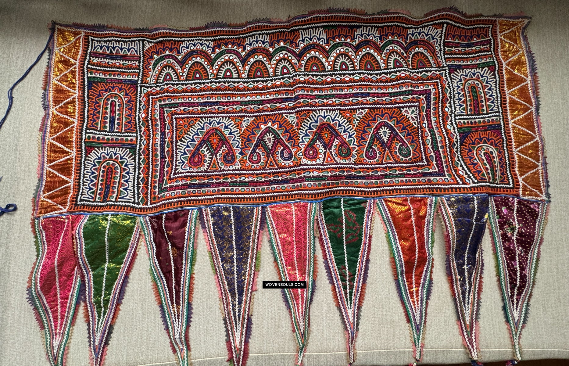 1969 Long Kutch Toran - Vintage Rabari Embroidery Wall Decor Textile Art Gujarat