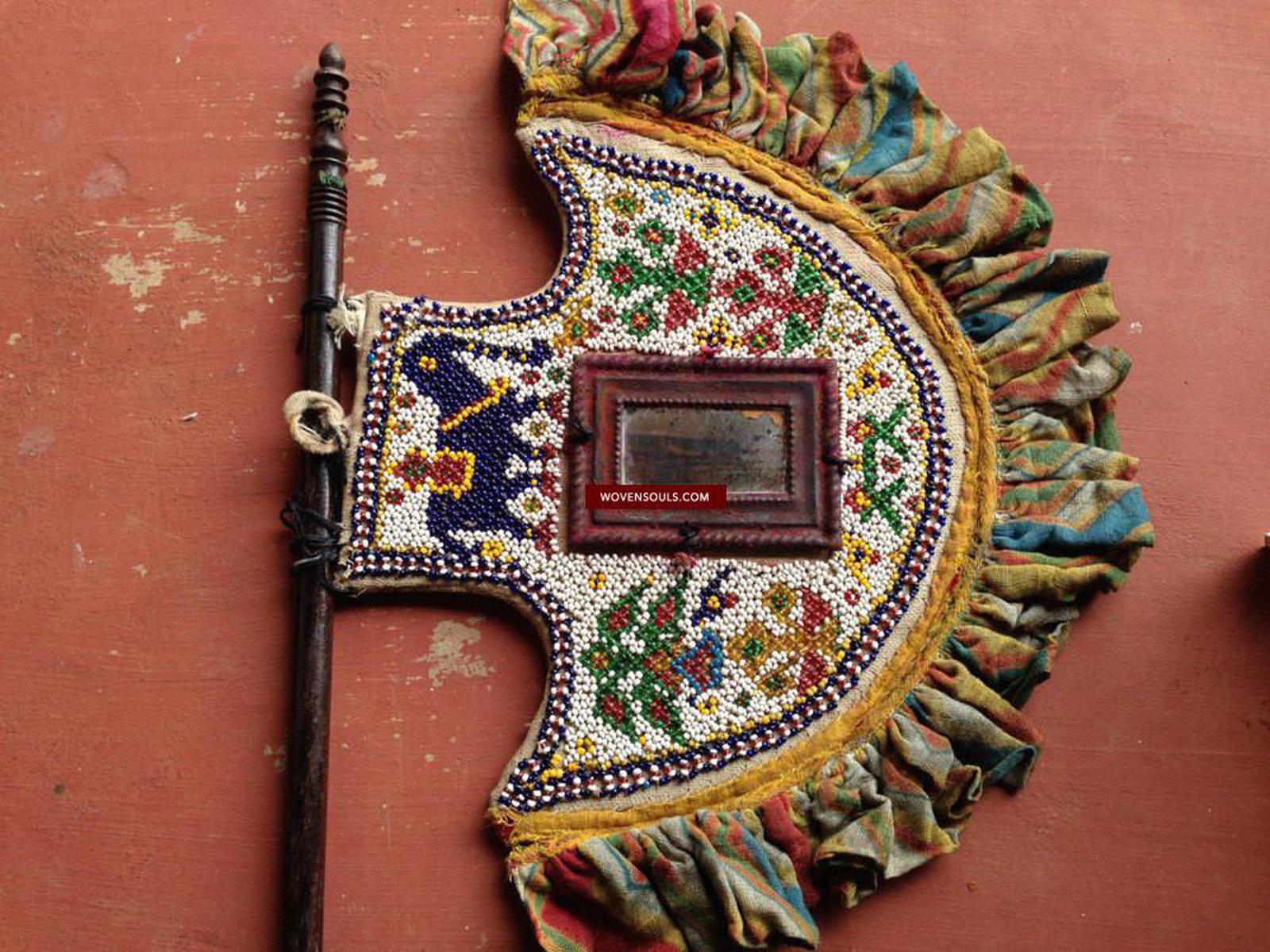 201 SOLD Pair of Old Beaded Hand Fans with Lehariya Tie-Dye frills-WOVENSOULS-Antique-Vintage-Textiles-Art-Decor