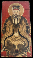 Traditional Antique Yao / South Chinese painting of a seated figure with intricate details on a red background