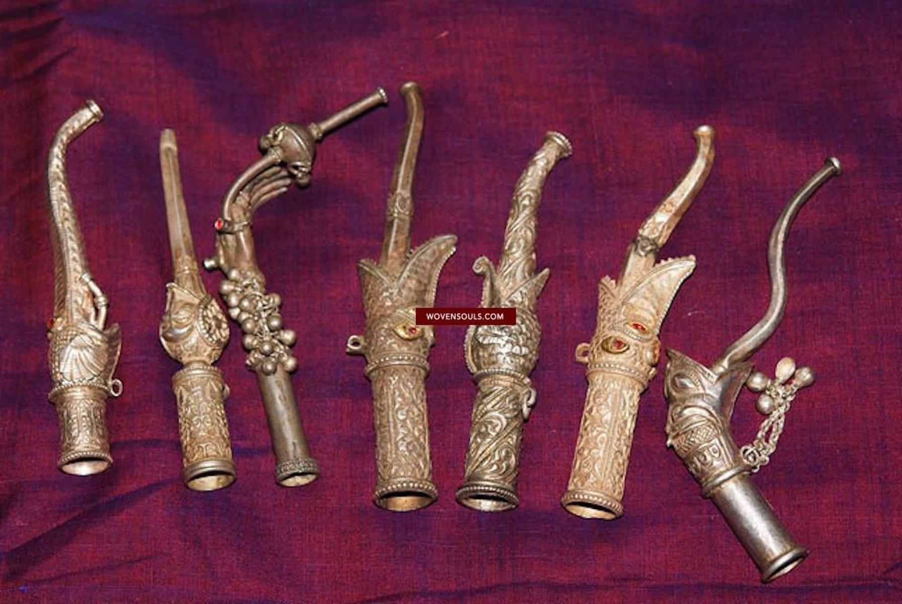 279 Collection of Seven Old Silver Hookah Pipes from Awadh India-WOVENSOULS-Antique-Vintage-Textiles-Art-Decor