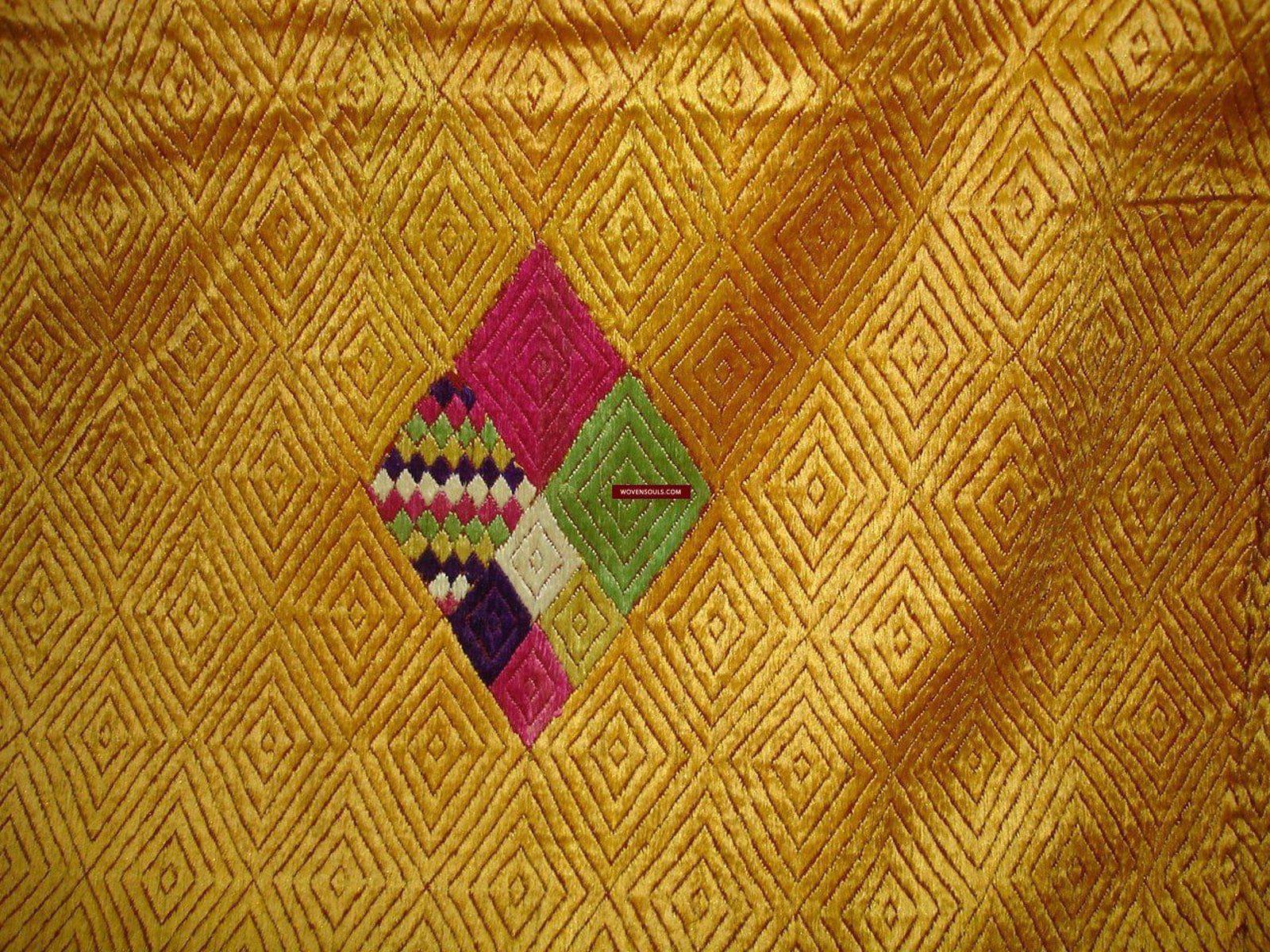 425 Golden Varida Bagh Phulkari Silk Textile-WOVENSOULS-Antique-Vintage-Textiles-Art-Decor