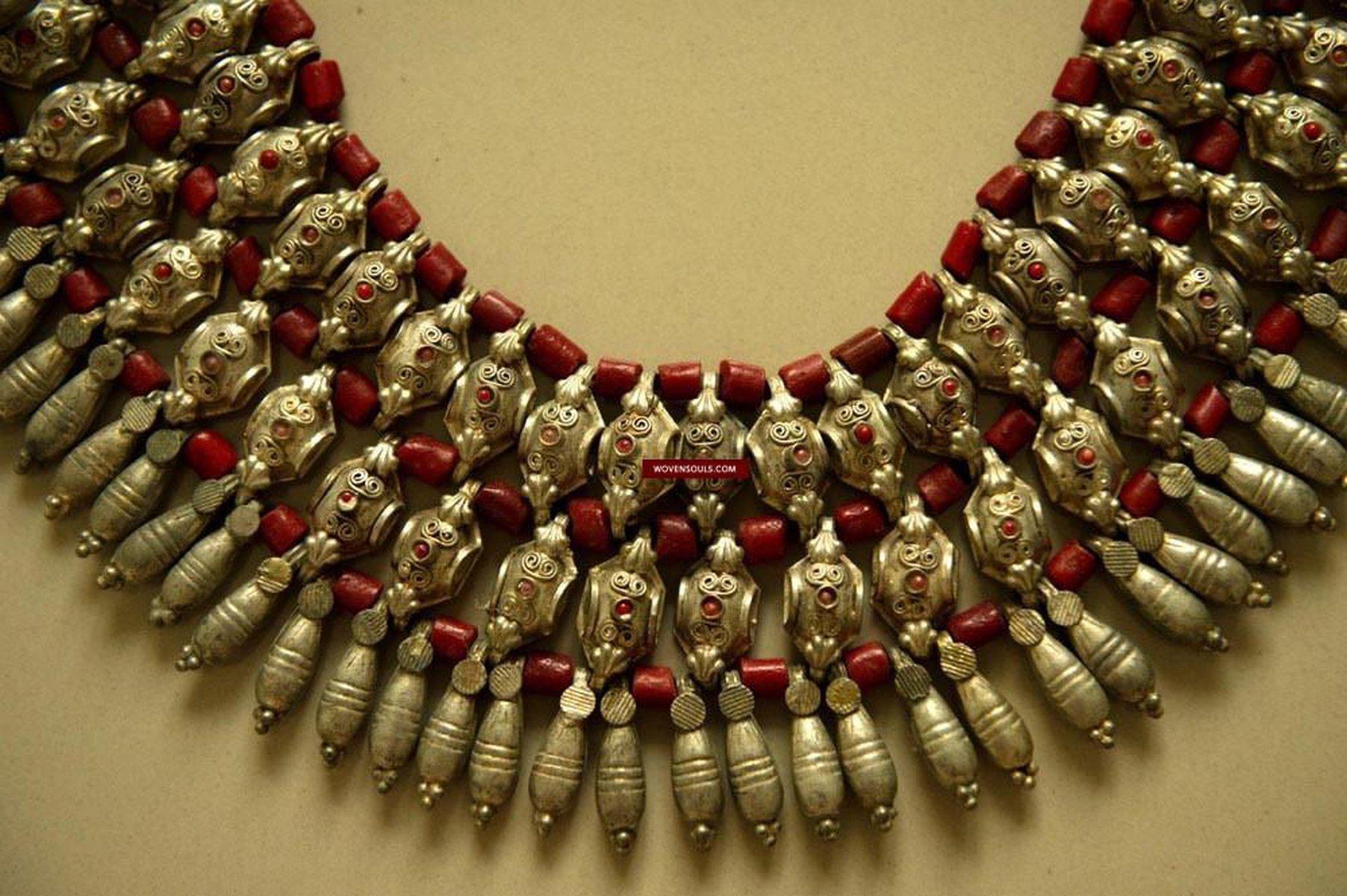485 Rare Old Silver Heirloom Coral Necklace Jewelry from Chanthang Ladakh-WOVENSOULS-Antique-Vintage-Textiles-Art-Decor