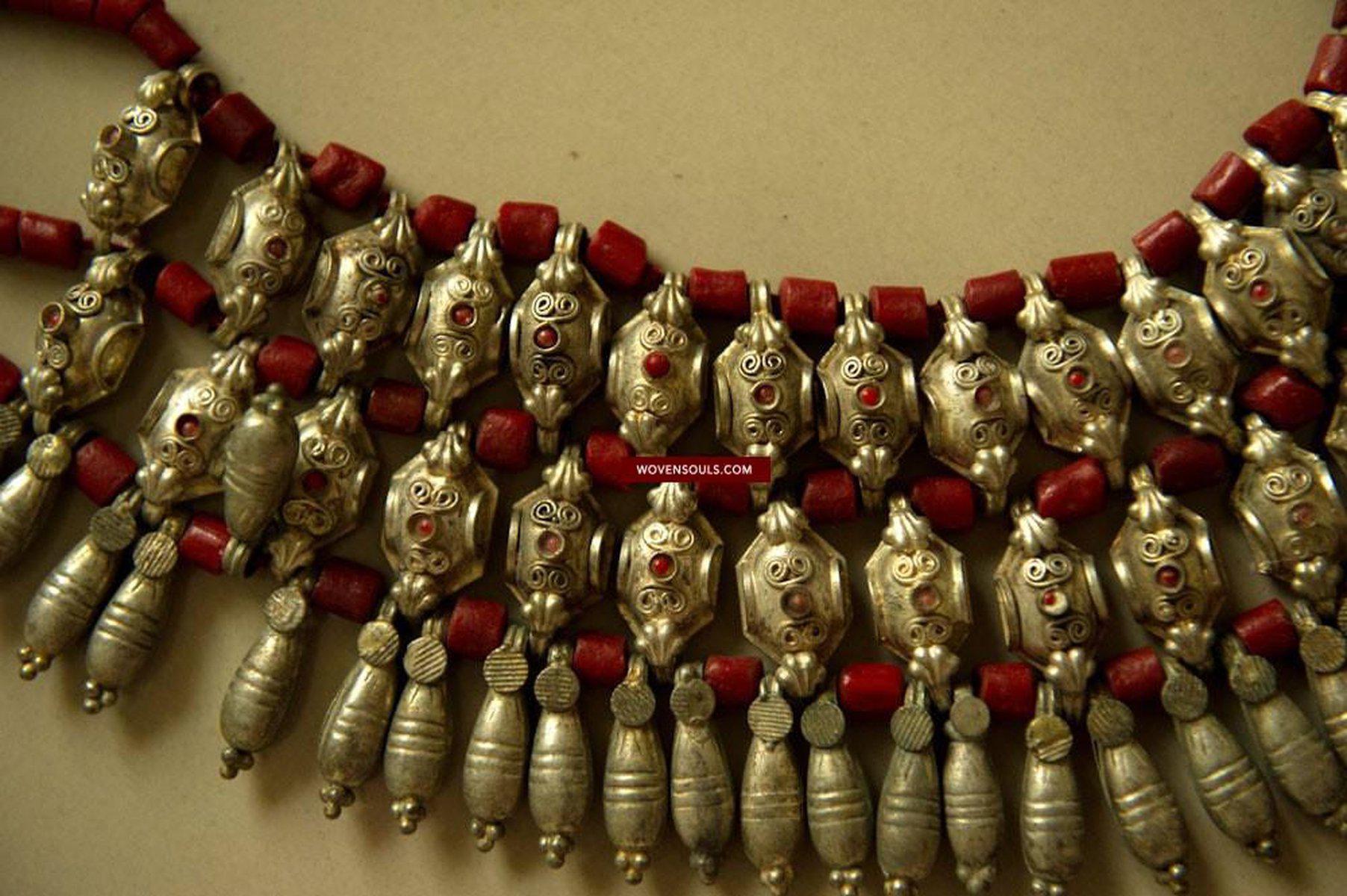 485 Rare Old Silver Heirloom Coral Necklace Jewelry from Chanthang Ladakh-WOVENSOULS-Antique-Vintage-Textiles-Art-Decor