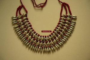 485 Rare Old Silver Heirloom Coral Necklace Jewelry from Chanthang Ladakh-WOVENSOULS-Antique-Vintage-Textiles-Art-Decor