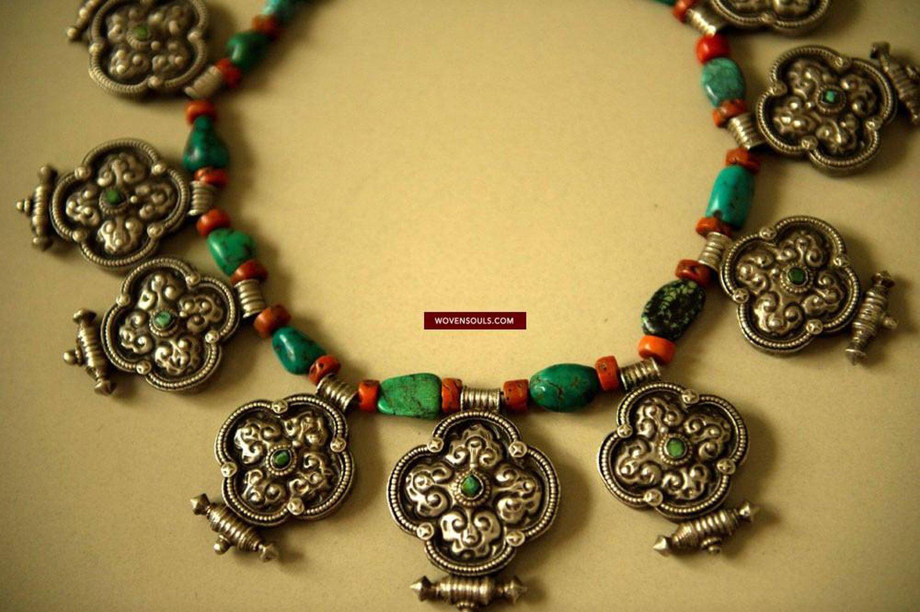487 Heirloom, Coral, Silver & Turquoise Tibet Necklace-WOVENSOULS-Antique-Vintage-Textiles-Art-Decor