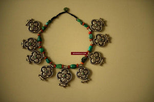 487 Heirloom, Coral, Silver & Turquoise Tibet Necklace-WOVENSOULS-Antique-Vintage-Textiles-Art-Decor